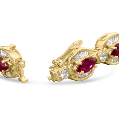 Close-up angle of a yellow metal bracelet featuring marquise-shaped red gemstones with four-prong settings, surrounded by round bezel-set white gemstones and baguette channel-set white gemstones, shown unclasped on a white background.