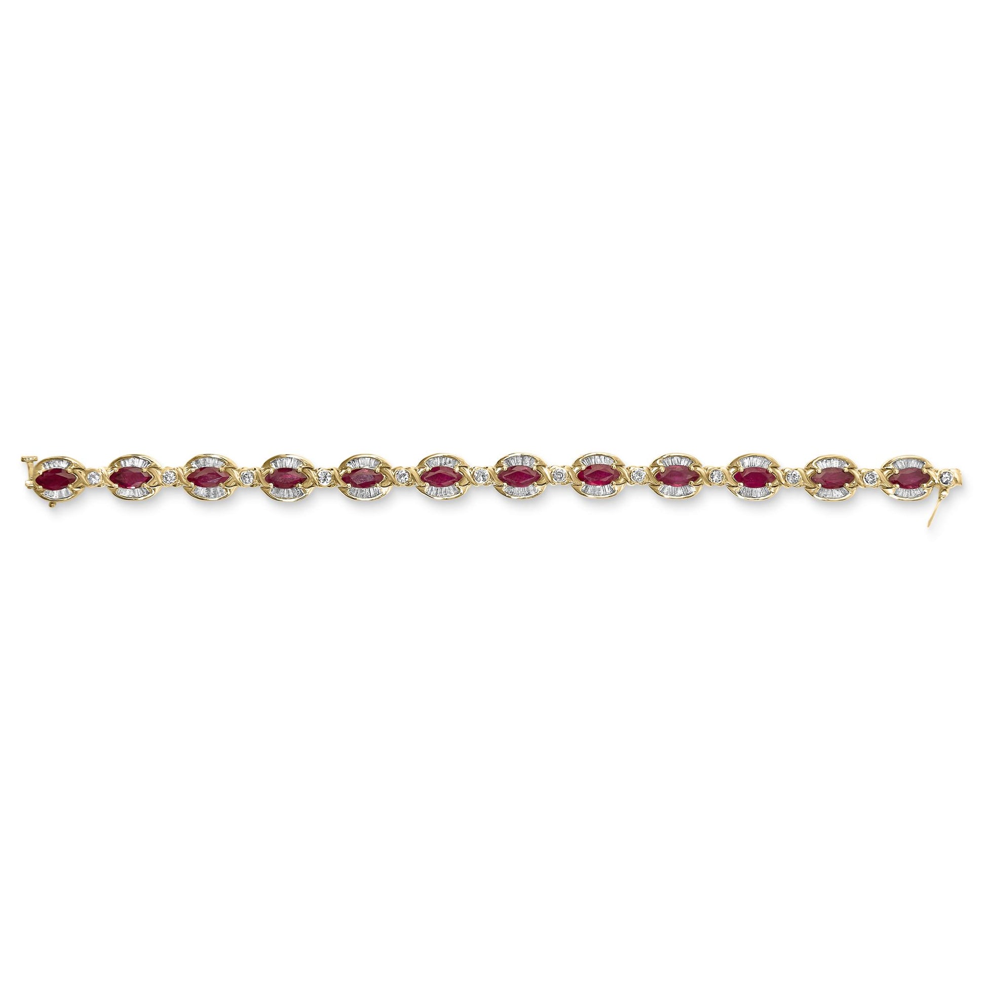 Yellow bracelet shown from above featuring alternating marquise-shaped red gemstones with four-prong settings and round white gemstones with bezel settings, accented by rows of baguette-shaped white gemstones in channel settings.