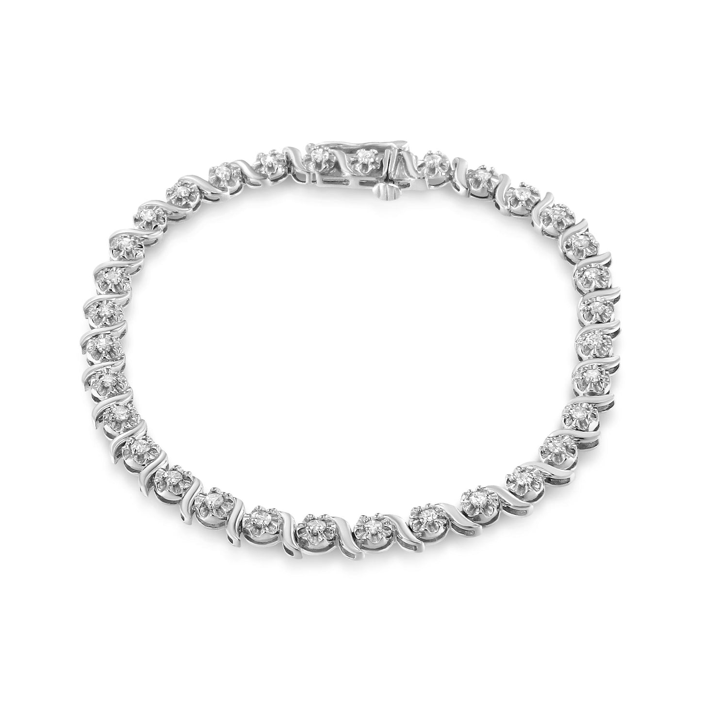 White metal bracelet with round white gemstones in prong settings, shown from a top flat lay angle.