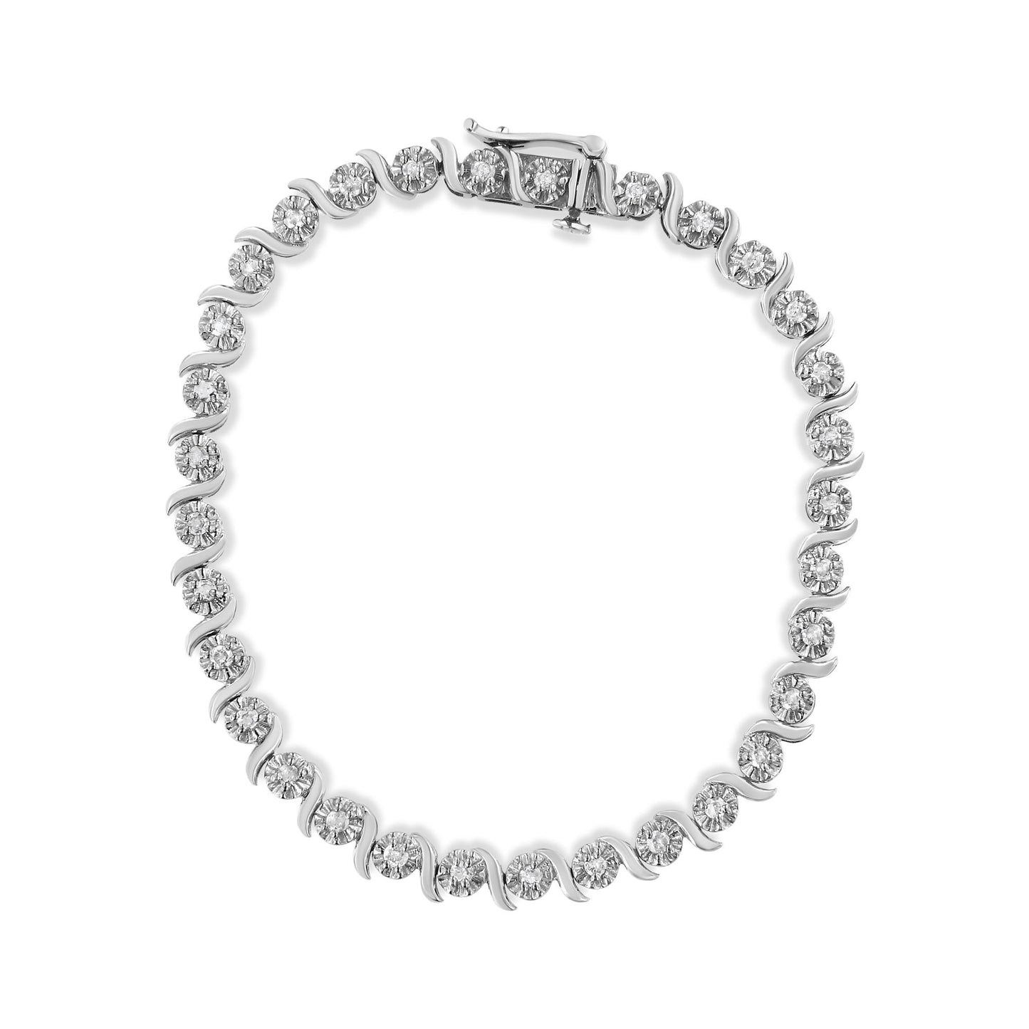 Top-down view of a white metal bracelet featuring round white gemstones in prong settings with a clasp.