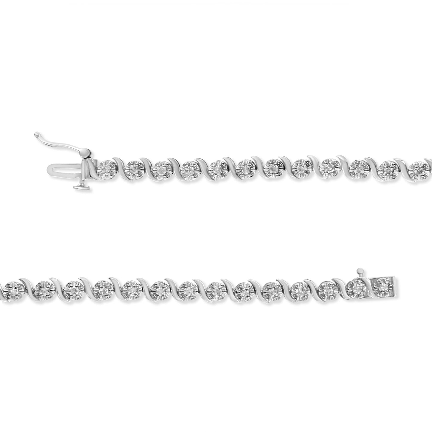 Top-down view of a white metal bracelet featuring round white gemstones in prong settings, shown unclasped.