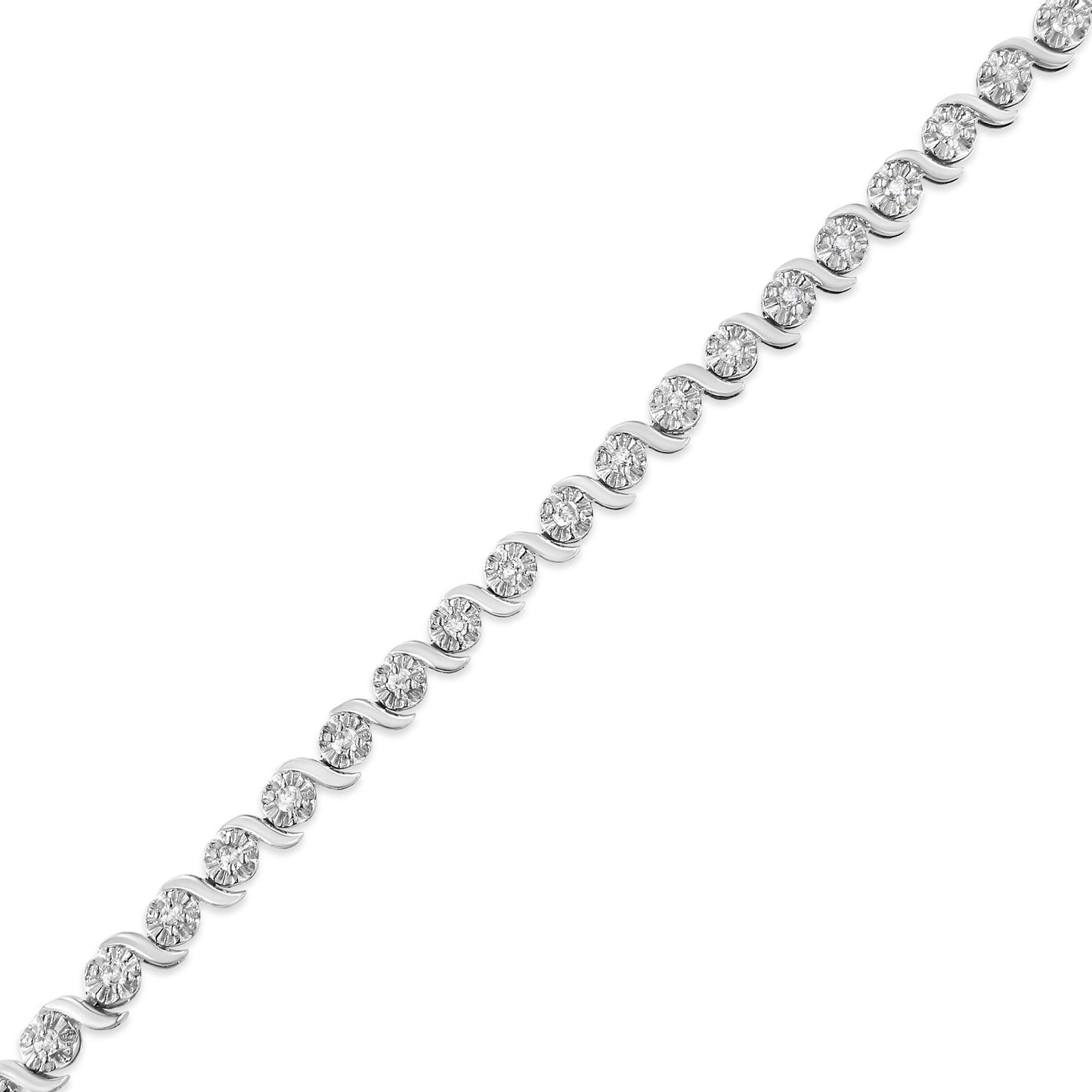 Diagonal close-up of a white metal bracelet featuring round prong-set white gemstones.
