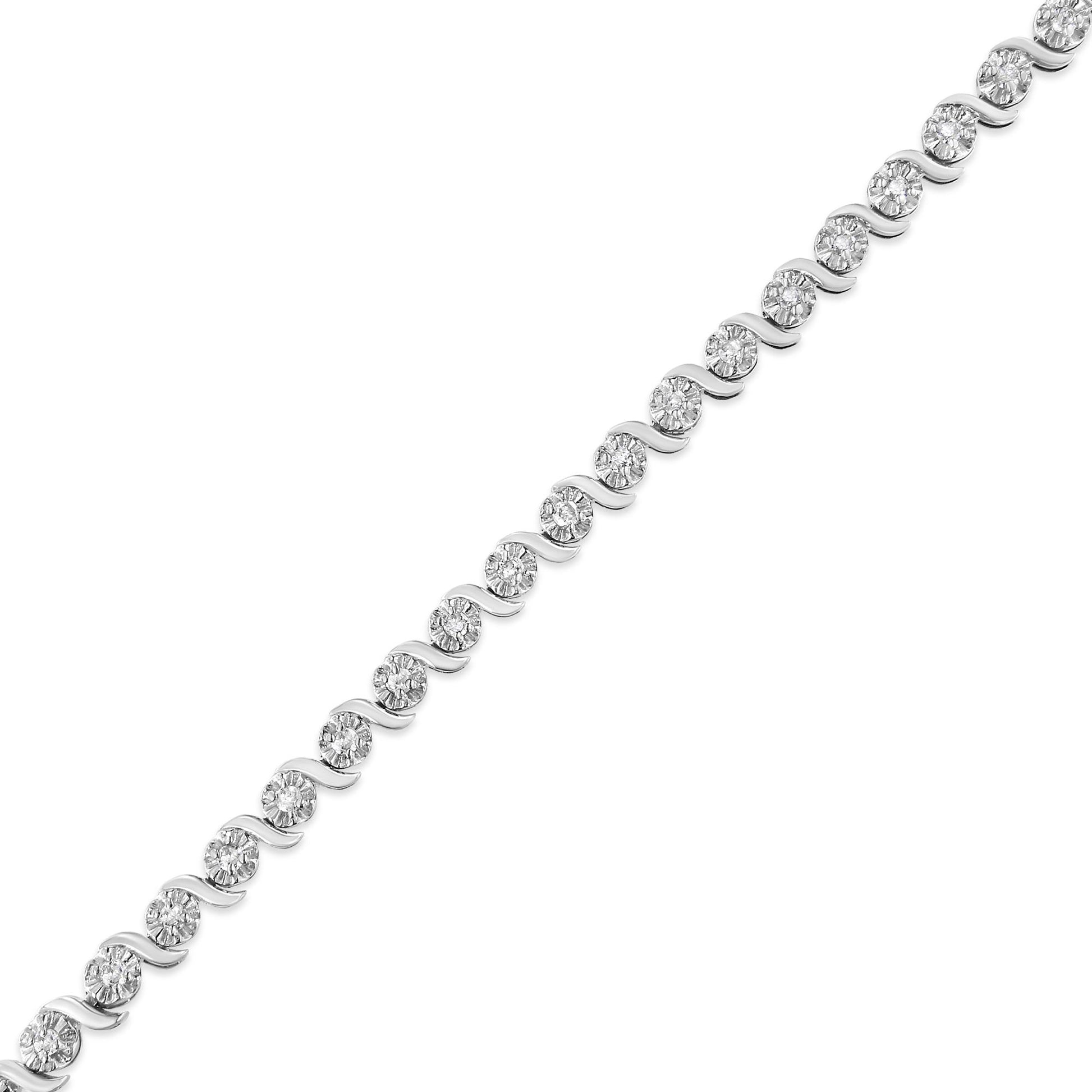 Diagonal close-up of a white metal bracelet featuring round prong-set white gemstones.