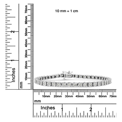 White metal bracelet with round prong-set white gemstones, displayed flat on a ruler for size reference, front view.