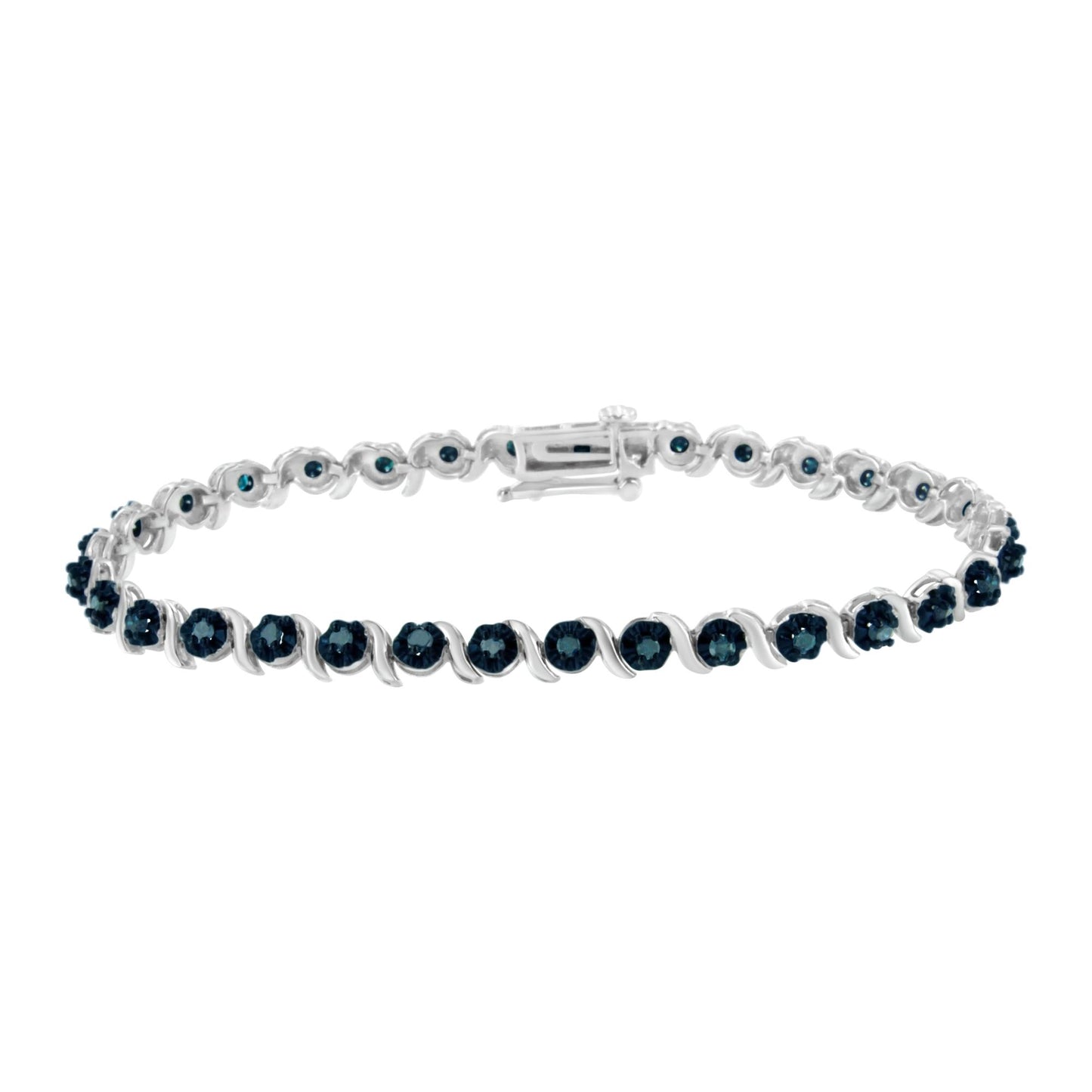 White metal bracelet with round blue gemstones in prong settings, shown from a front angle on a white background.