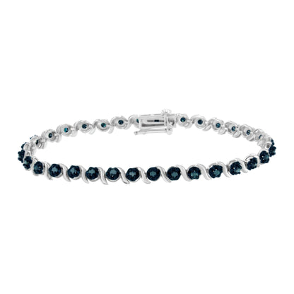 White metal bracelet with round blue gemstones in prong settings, shown from a front angle on a white background.