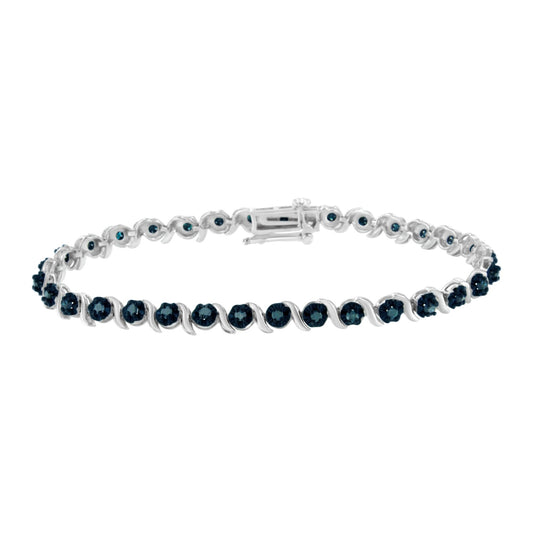 White metal bracelet with round blue gemstones in prong settings, shown from a front angle on a white background.