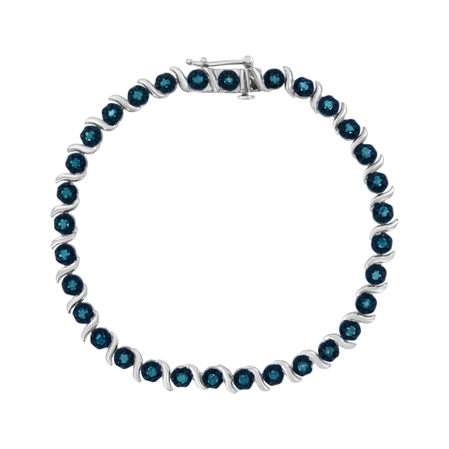 Top-down view of a white metal bracelet with round blue gemstones in prong settings, arranged in an alternating pattern.