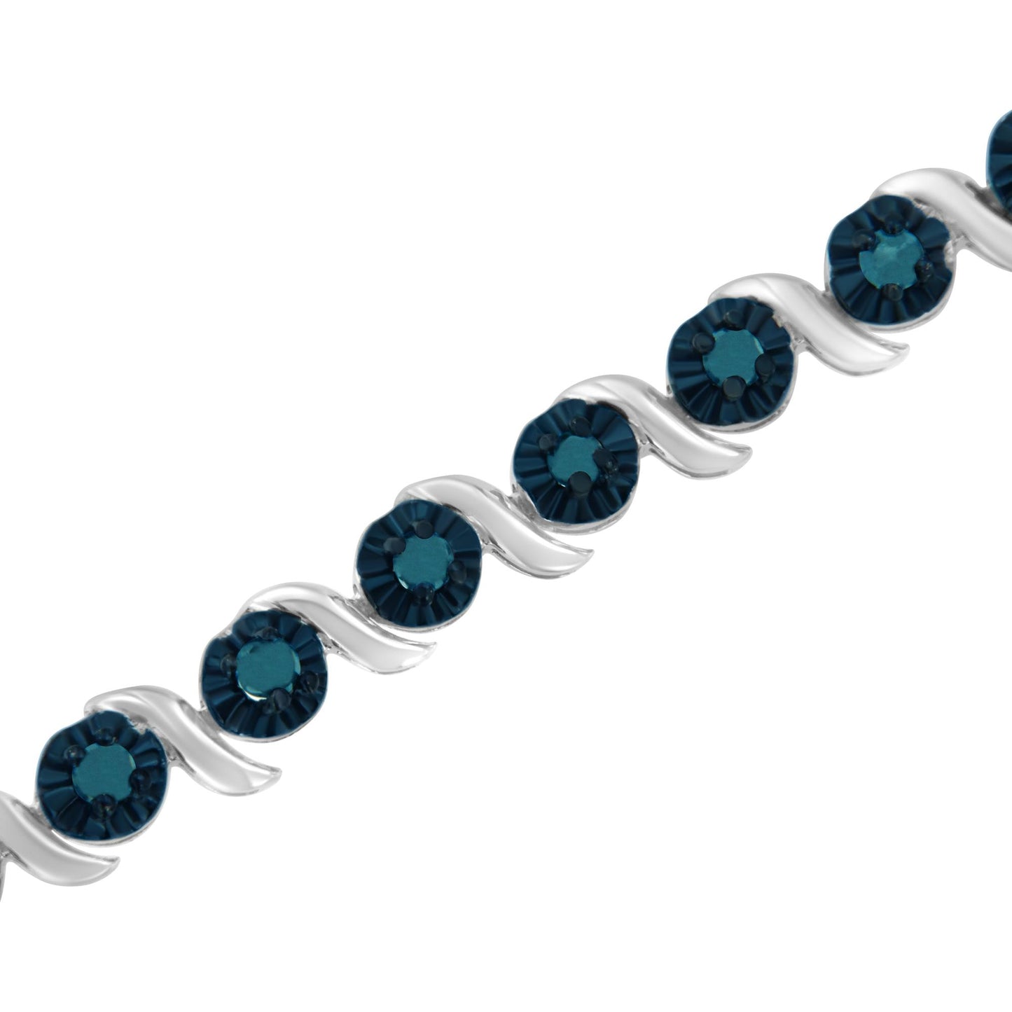 Close-up angled view of a white bracelet with alternating curved links and round blue gemstones in prong settings.
