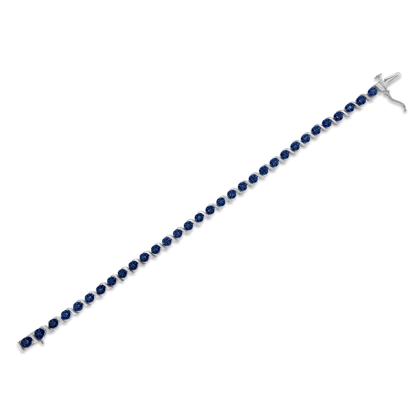 White metal bracelet shown flat at a slight diagonal angle, set with round blue gemstones in prong settings along its length.