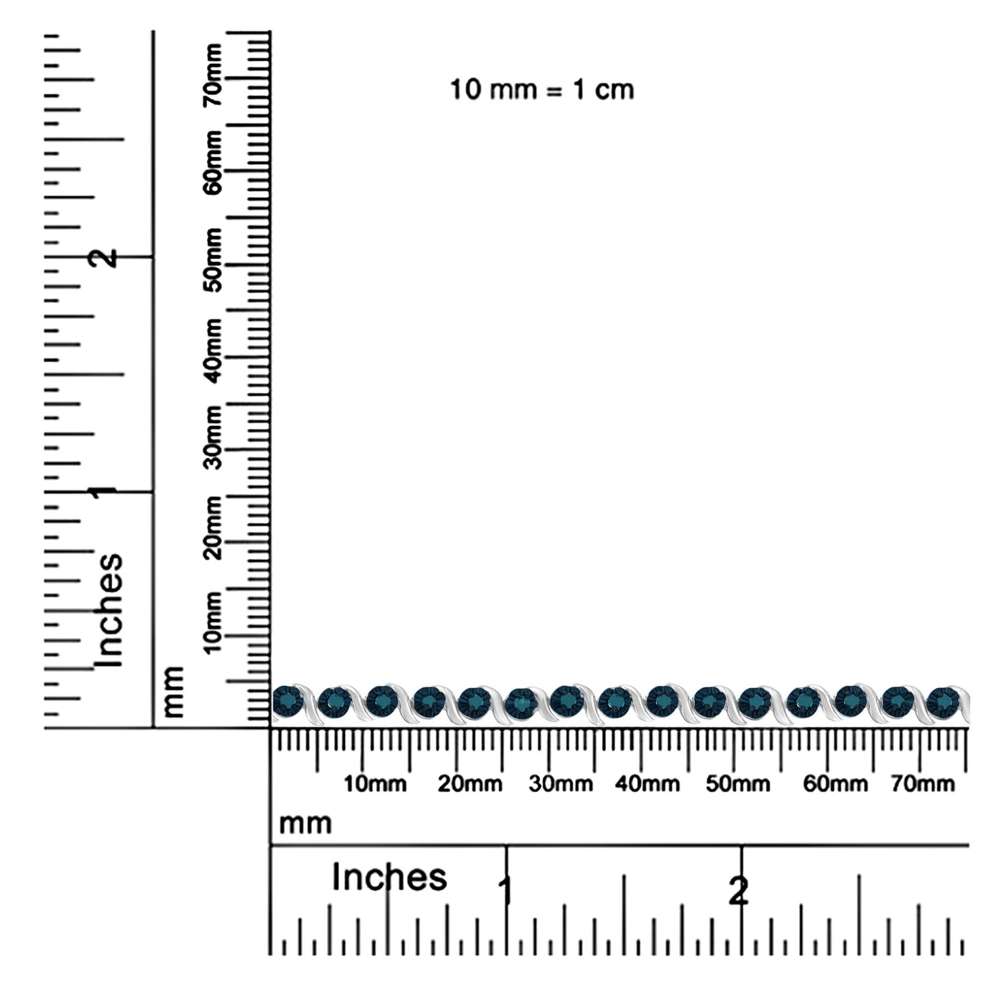 White metal bracelet with round blue gemstones in prong settings, shown flat on rulers for size reference in a top-down view.