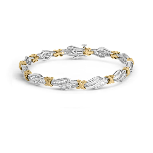 Bracelet with intertwined white and yellow metal links accented with white baguette-shaped gemstones in channel settings, shown from a front angle on a white background.