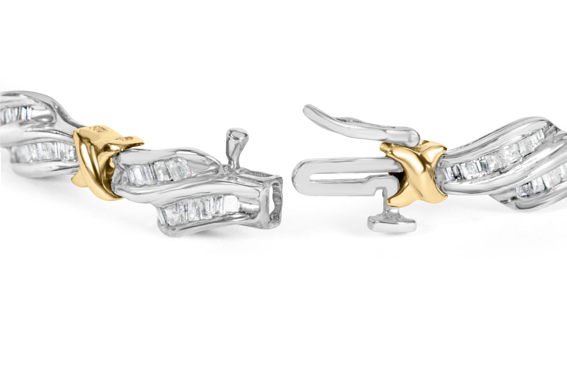 Close-up side angle of a yellow and white metal bracelet with waves of white gemstones in channel settings and a clasp detail.
