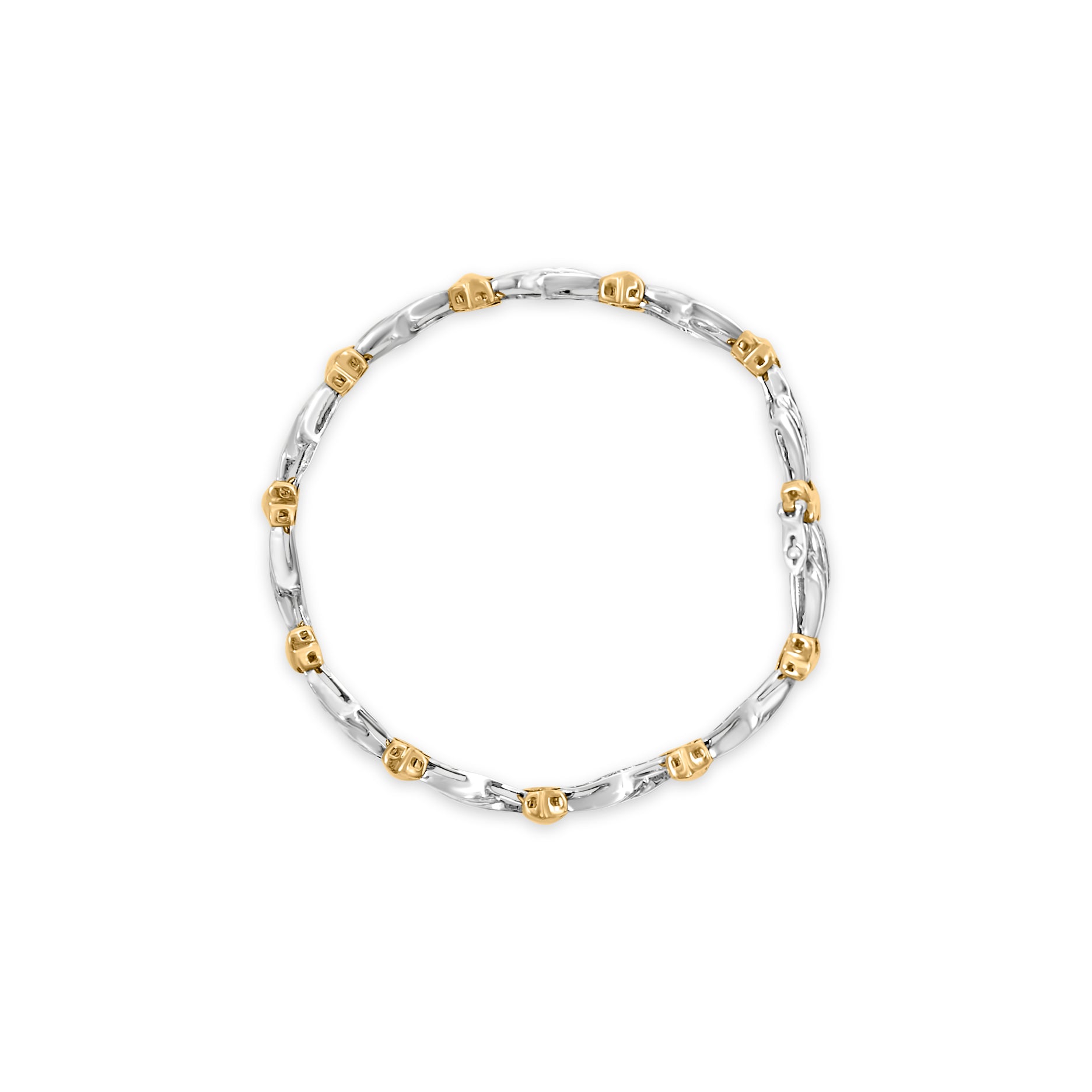 Top-down view of a two-tone bracelet with alternating yellow and white metal links, featuring white baguette-shaped gemstones in a channel setting.
