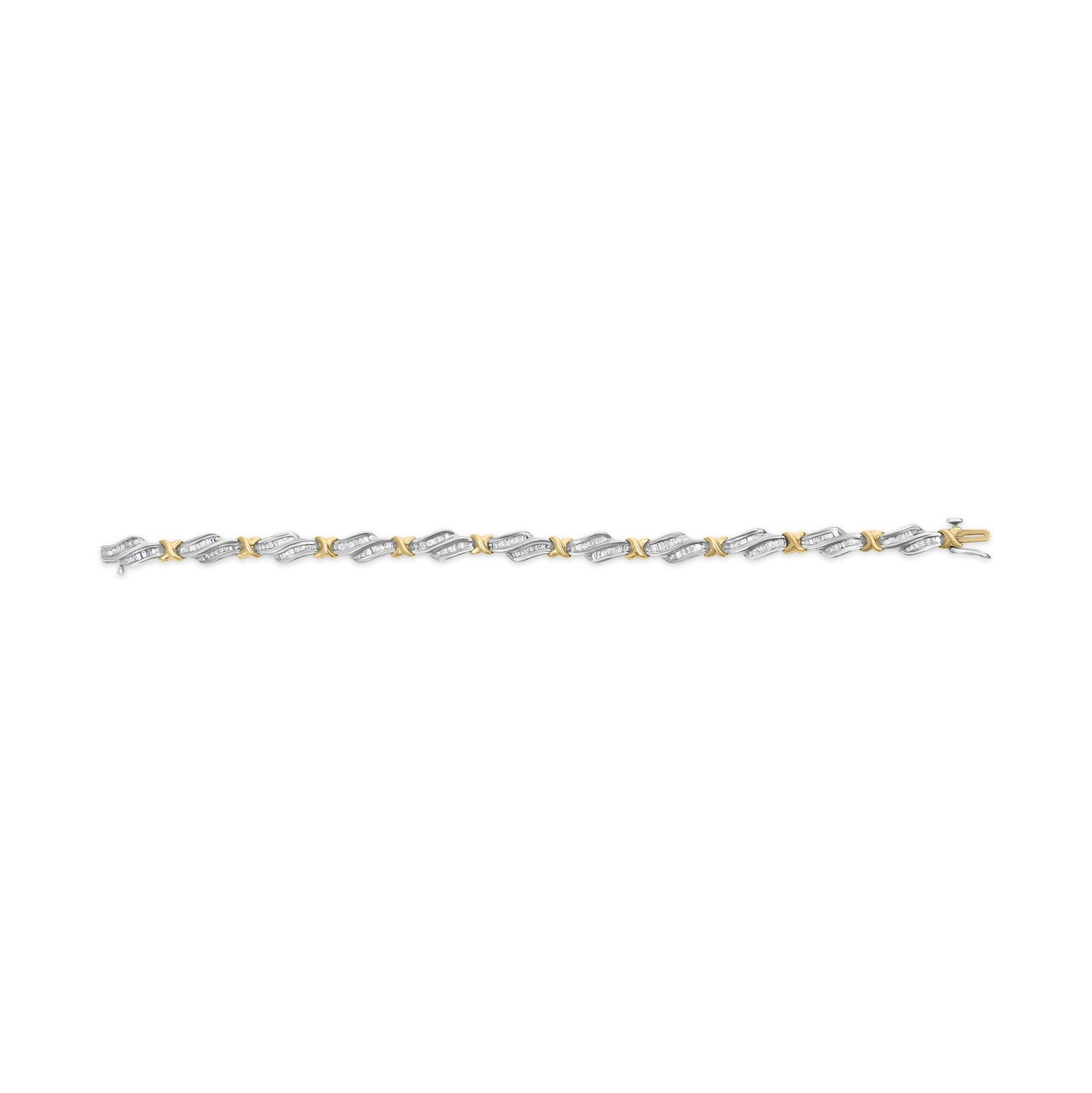 Bracelet with alternating yellow and white metal links featuring white baguette-shaped gemstones in channel settings, shown in a top-down view on a white background.