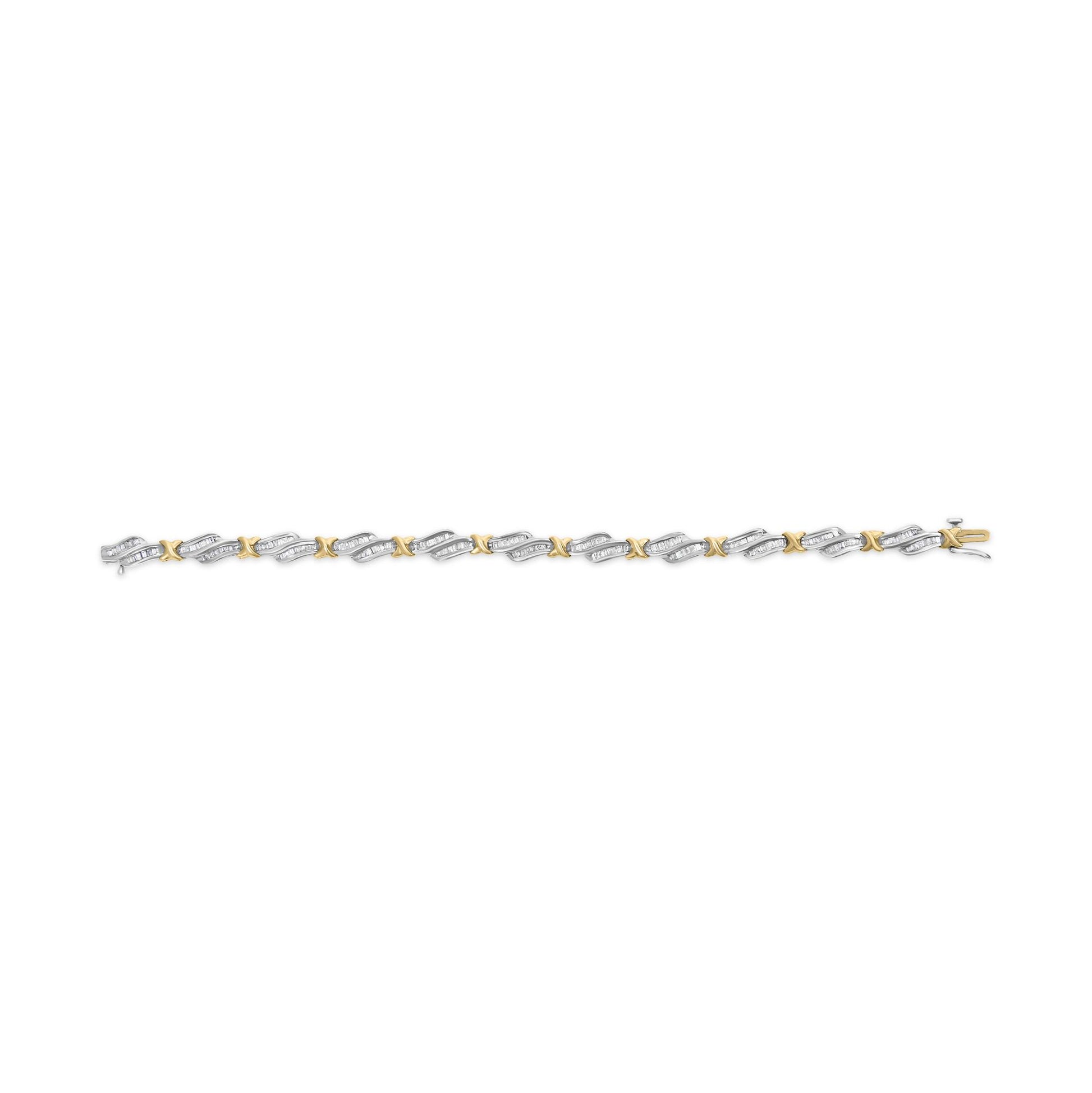 Bracelet with alternating yellow and white metal links featuring white baguette-shaped gemstones in channel settings, shown in a top-down view on a white background.