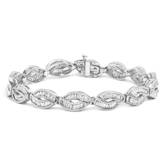 Close-up front angle of a white metal bracelet featuring an intertwined design with channel-set white baguette-shaped gemstones, shown against a white background.
