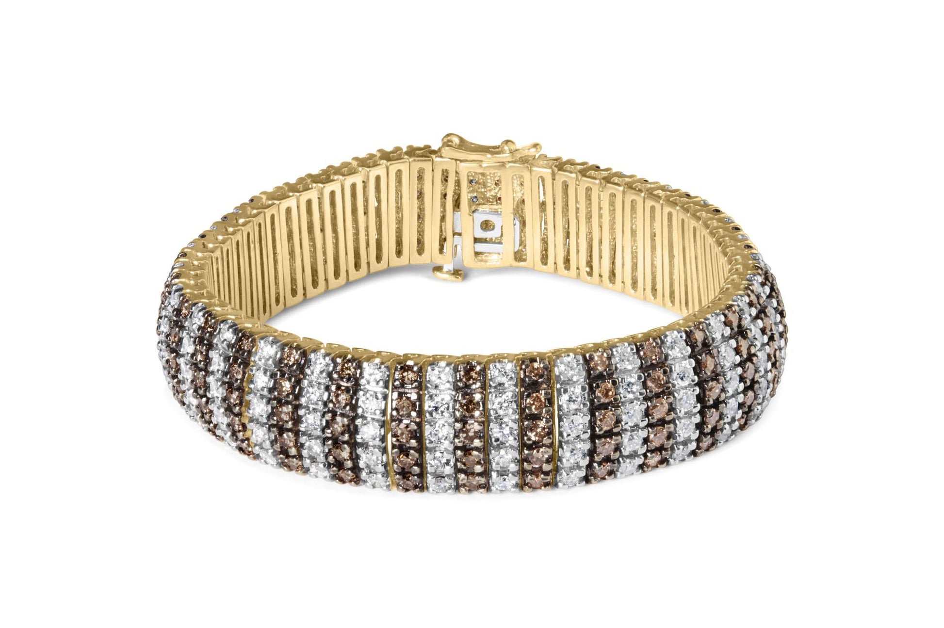Yellow metal bracelet with alternating rows of white and brown round gemstones in prong settings, shown from a front angle.