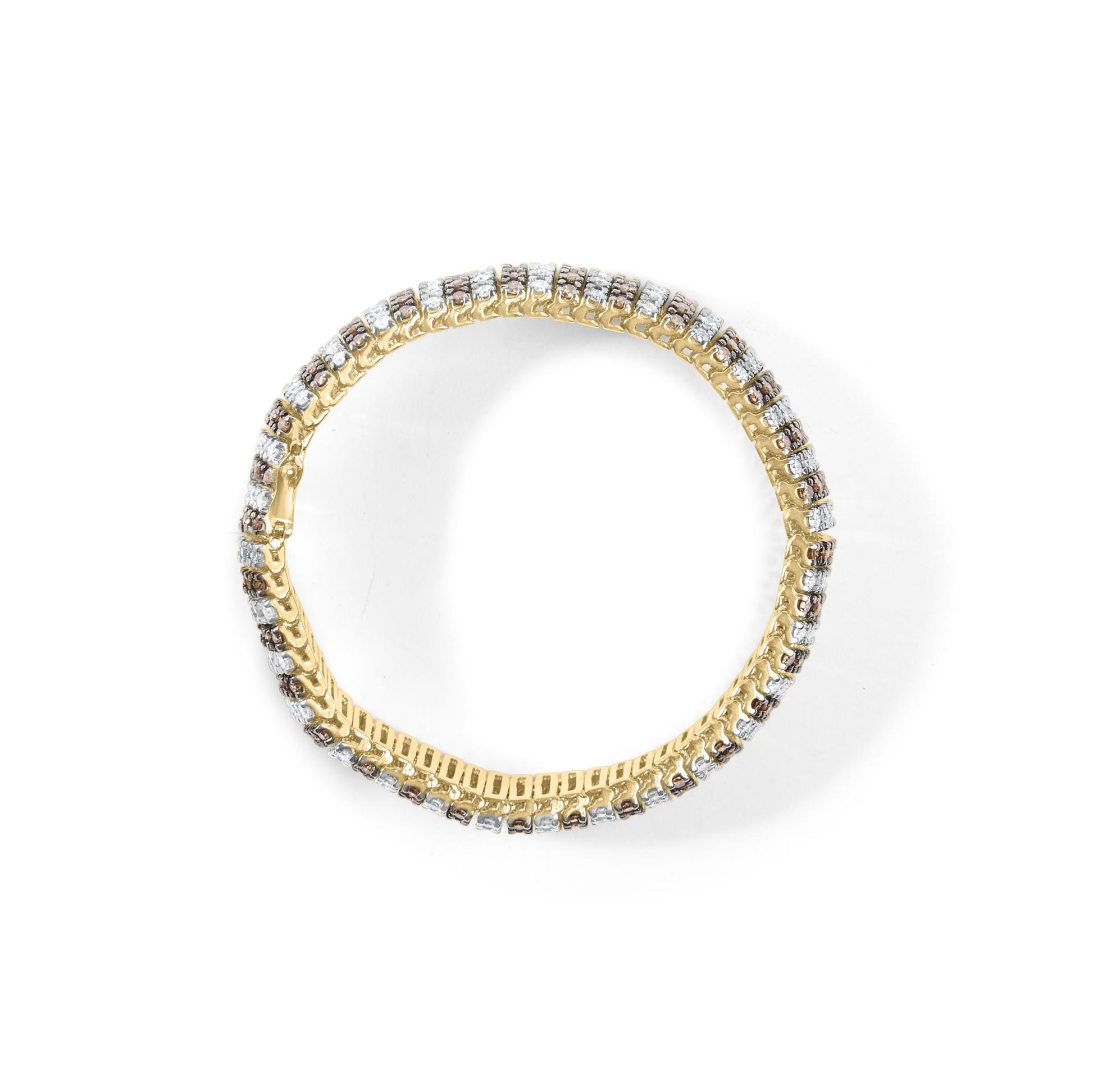 Top-down view of a yellow bracelet set with alternating prong-set round white and brown gemstones.