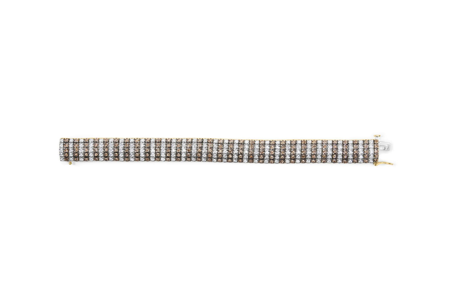 Close-up shot of a yellow metal bracelet laid flat, featuring alternating rows of round brown and white gemstones in prong settings.
