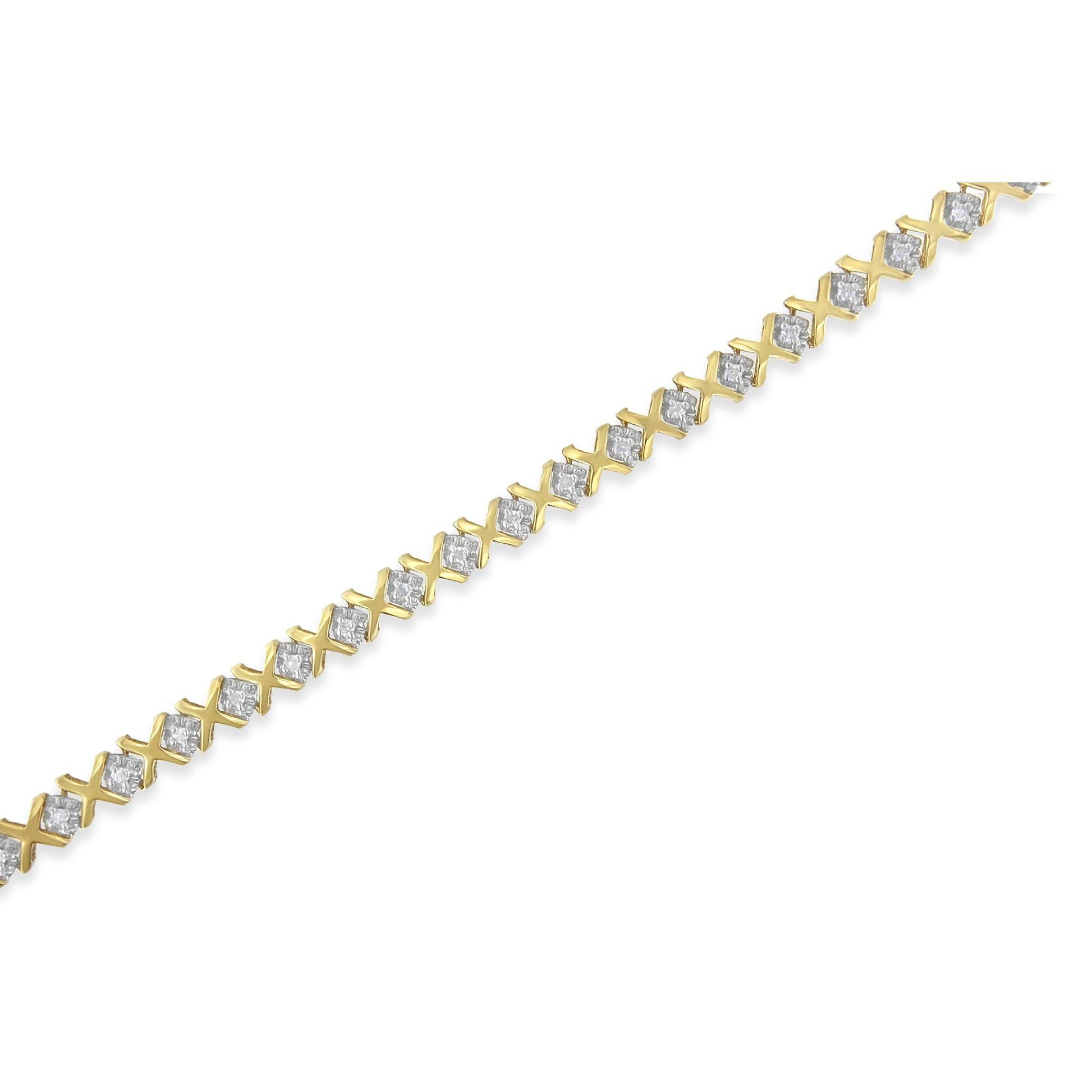 Diagonal close-up of a yellow bracelet featuring a repeating pattern of white round gemstones in prong settings.