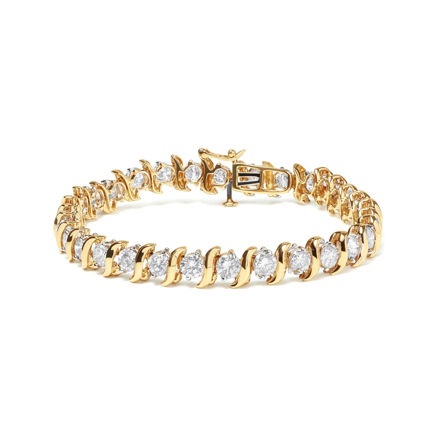 Yellow bracelet with round white gemstones in prong settings, shown flat from a slightly elevated angle.