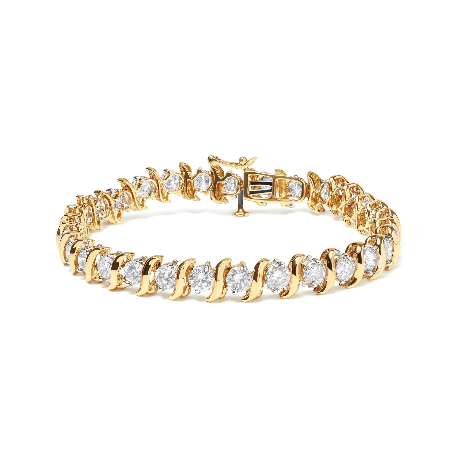 Yellow bracelet with round white gemstones in prong settings, shown flat from a slightly elevated angle.
