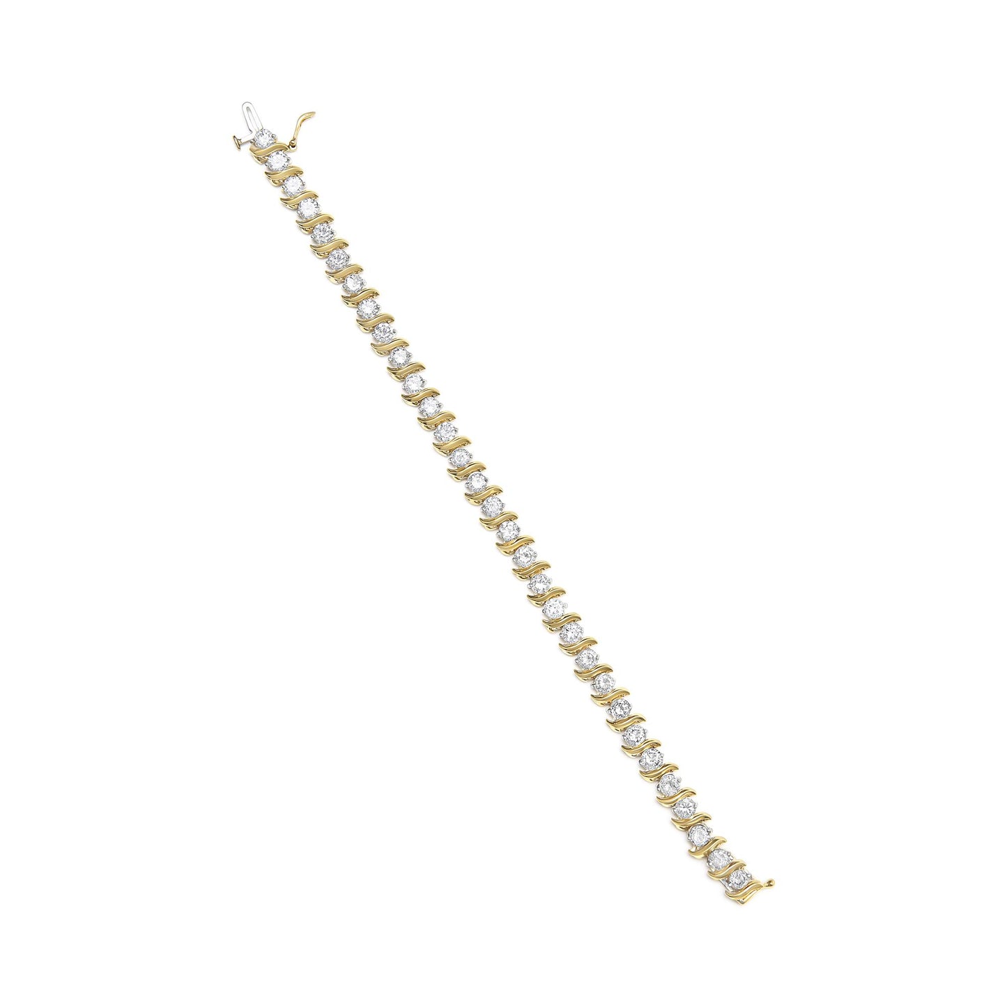 Yellow metal bracelet with round white gemstones in prong settings, shown from a top flat lay angle.