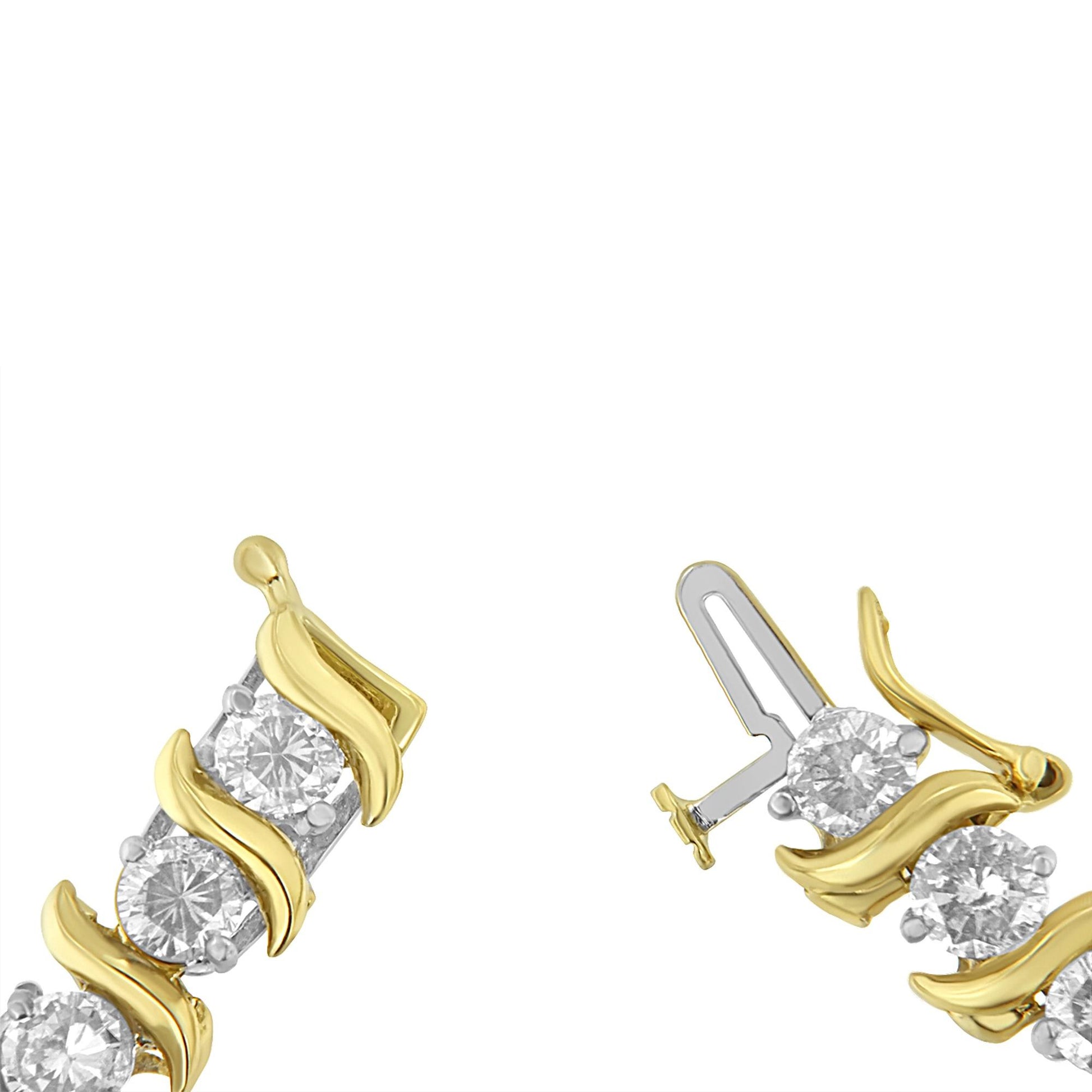 Close-up of a yellow bracelet section with round white gemstones in prong settings, shown against a white background, angled to display clasp detail.