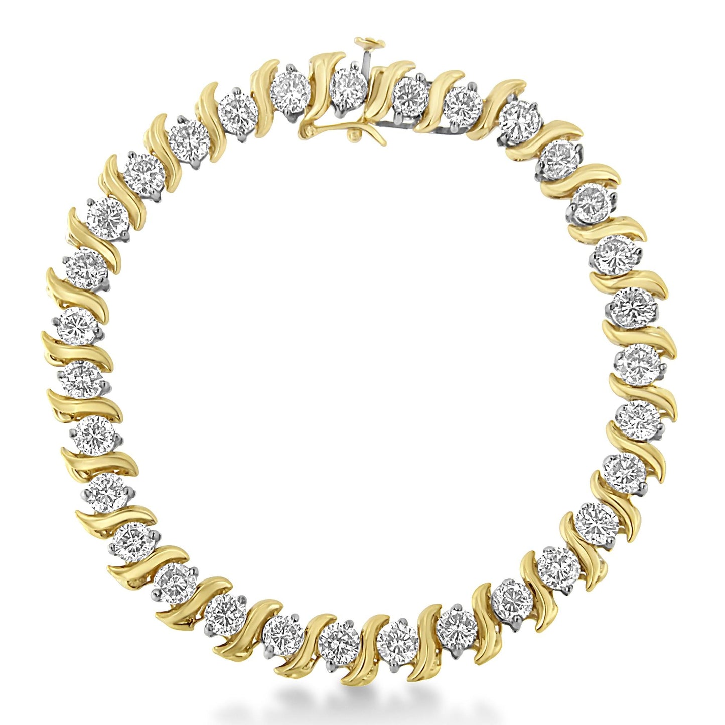 Close-up front view of a yellow bracelet with alternating round white gemstones in prong settings and curved metal accents, shown on a white background.