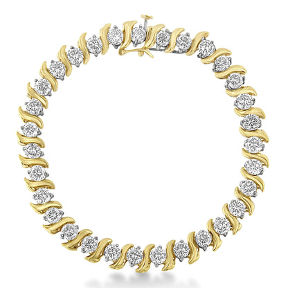 Close-up front view of a yellow bracelet with alternating round white gemstones in prong settings and curved metal accents, shown on a white background.