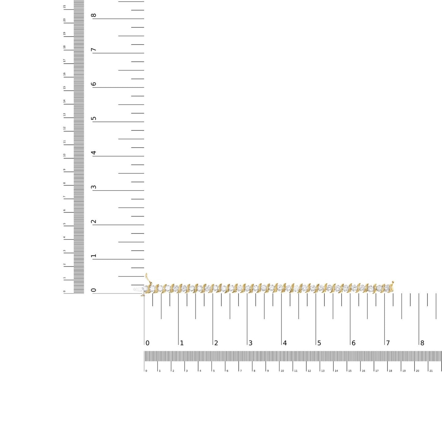 Yellow metal bracelet with round white gemstones in prong settings, displayed flat on a ruler for size reference, shot from above.