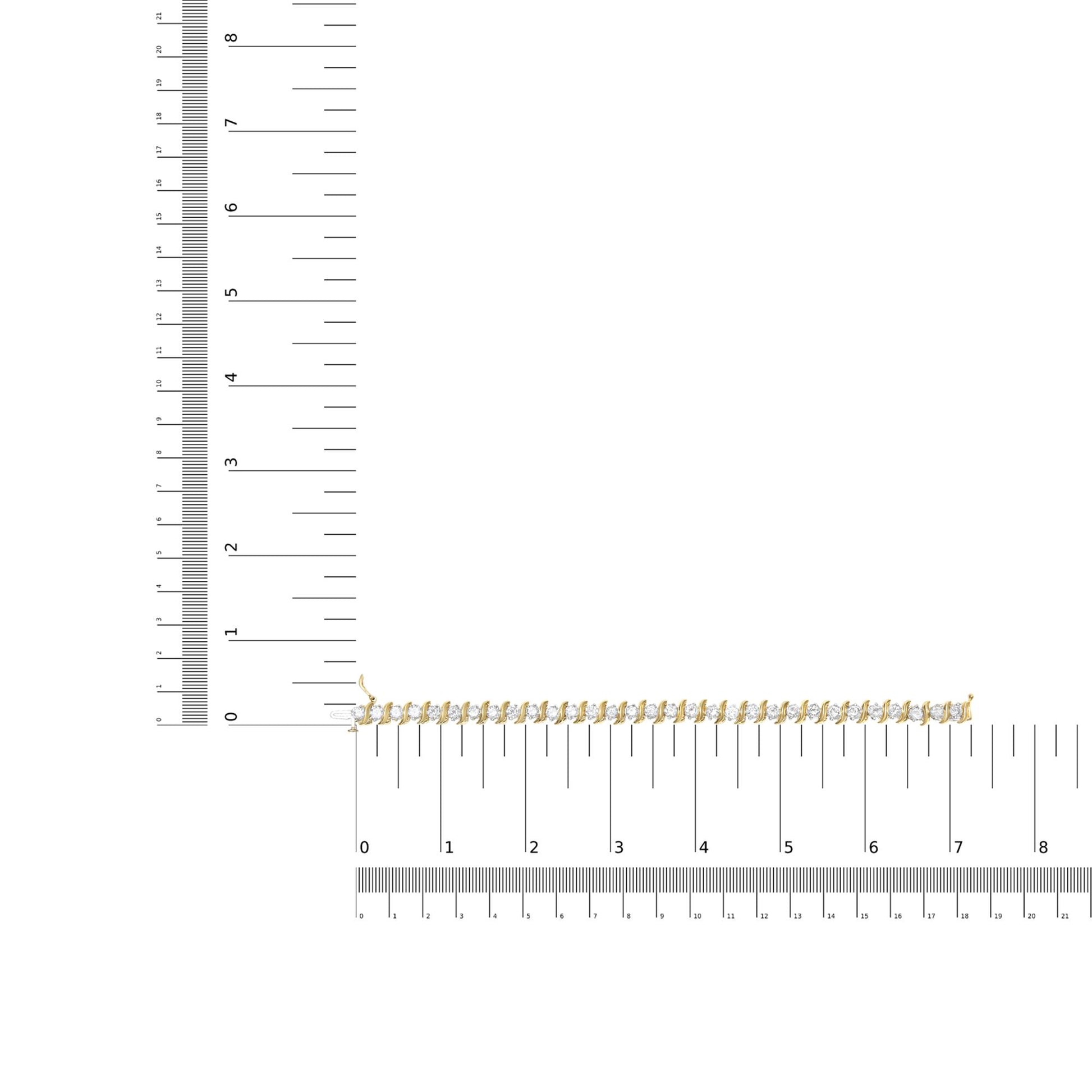 Yellow metal bracelet with round white gemstones in prong settings, displayed flat on a ruler for size reference, shot from above.