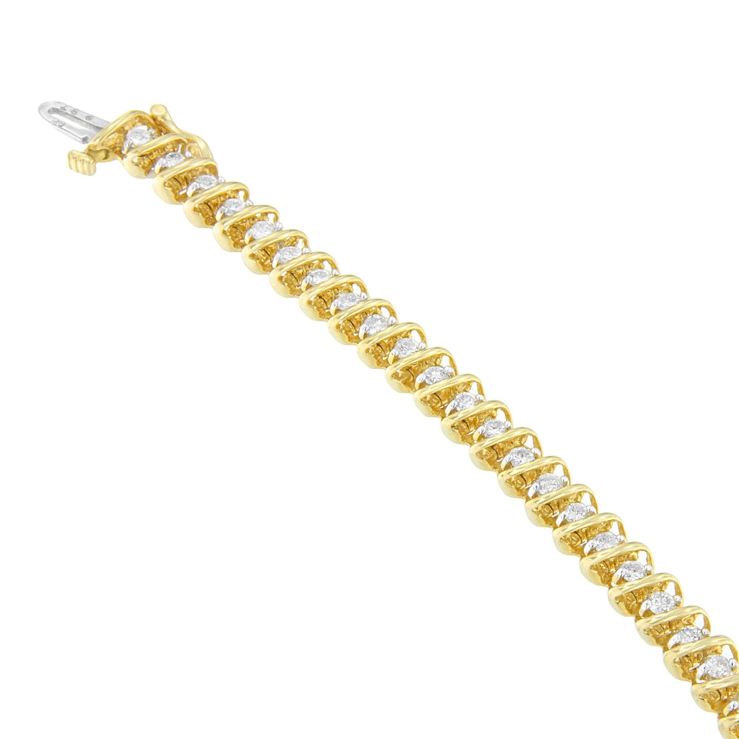 Close-up angled view of a yellow bracelet featuring round white gemstones in prong settings along its length.
