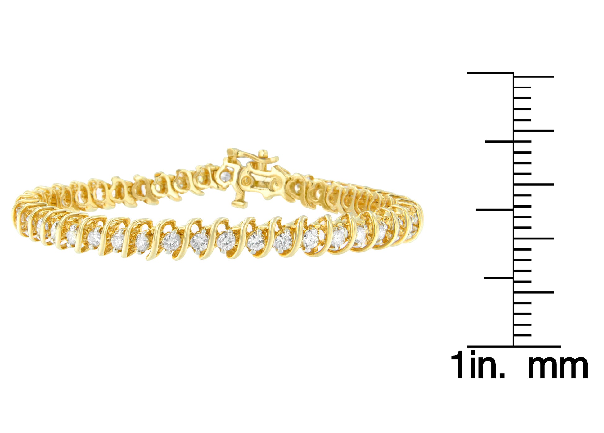 Yellow bracelet with round white gemstones in prong settings, shown in a side view, placed next to a ruler for size reference.