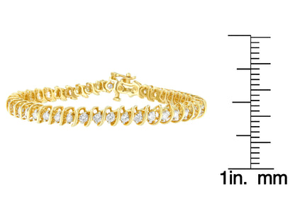 Yellow bracelet with round white gemstones in prong settings, shown in a side view, placed next to a ruler for size reference.