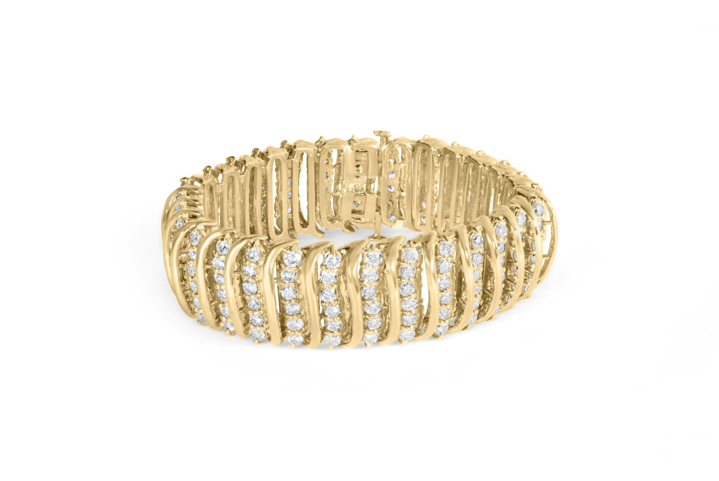 Yellow metal bracelet with rows of round white gemstones in prong settings, shown in a front angled view on a white background.