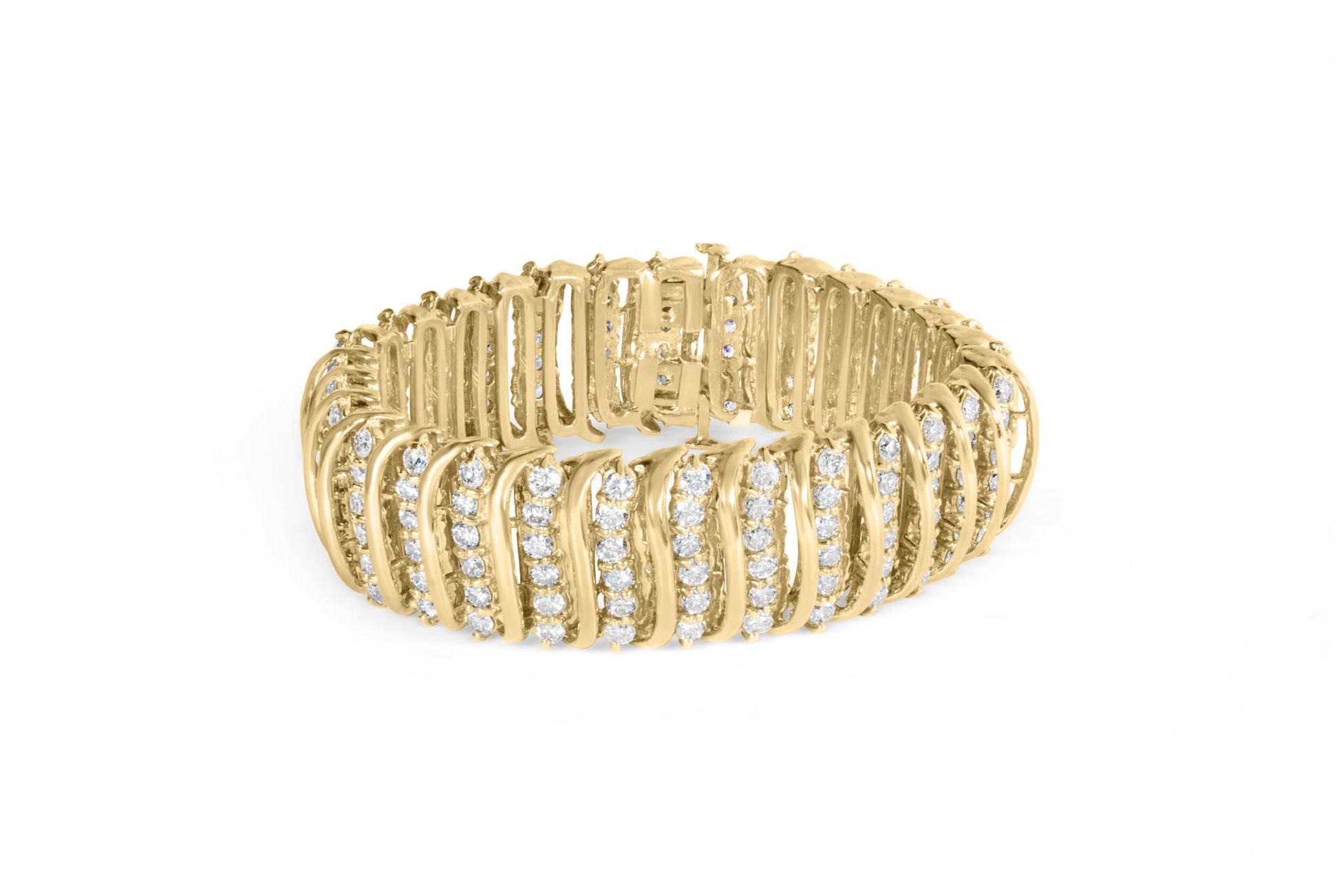 Yellow metal bracelet with rows of round white gemstones in prong settings, shown in a front angled view on a white background.