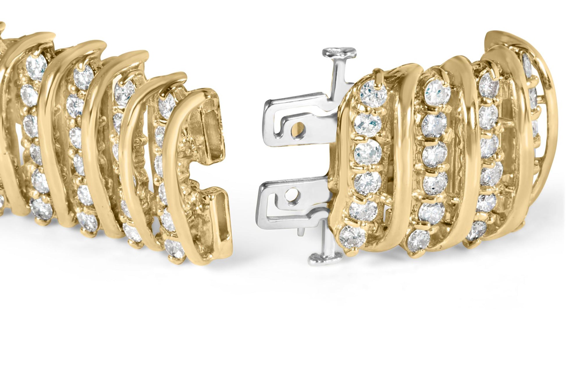 Close-up angled view of a yellow metal bracelet with rows of round white gemstones in prong settings and a visible clasp mechanism.