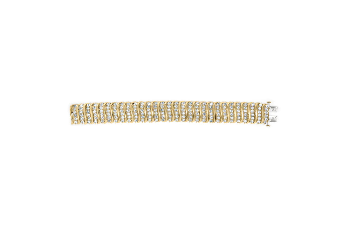 Yellow bracelet with multiple rows of round white gemstones in prong settings, shown from a top flat lay angle.