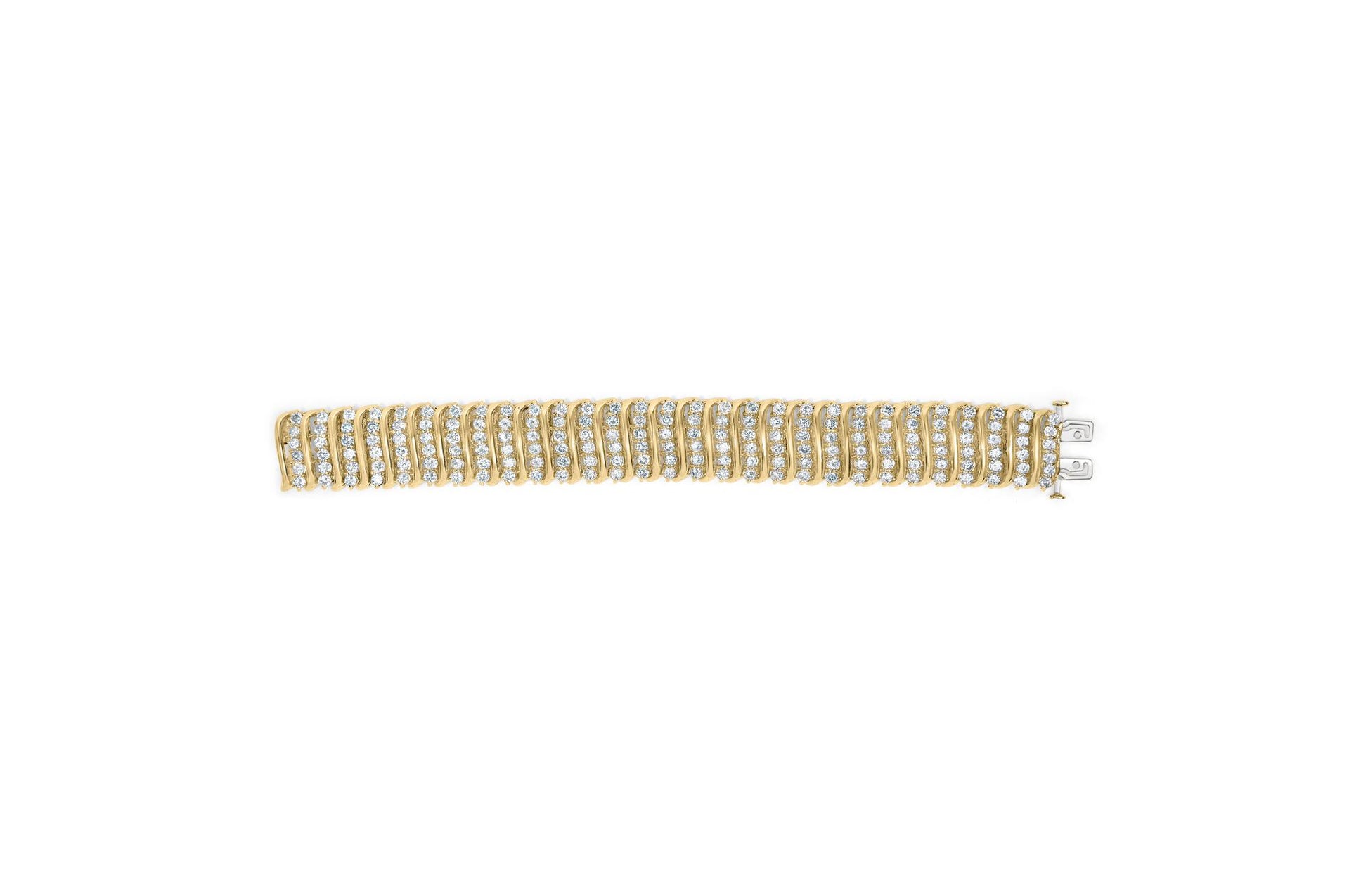Yellow bracelet with multiple rows of round white gemstones in prong settings, shown from a top flat lay angle.