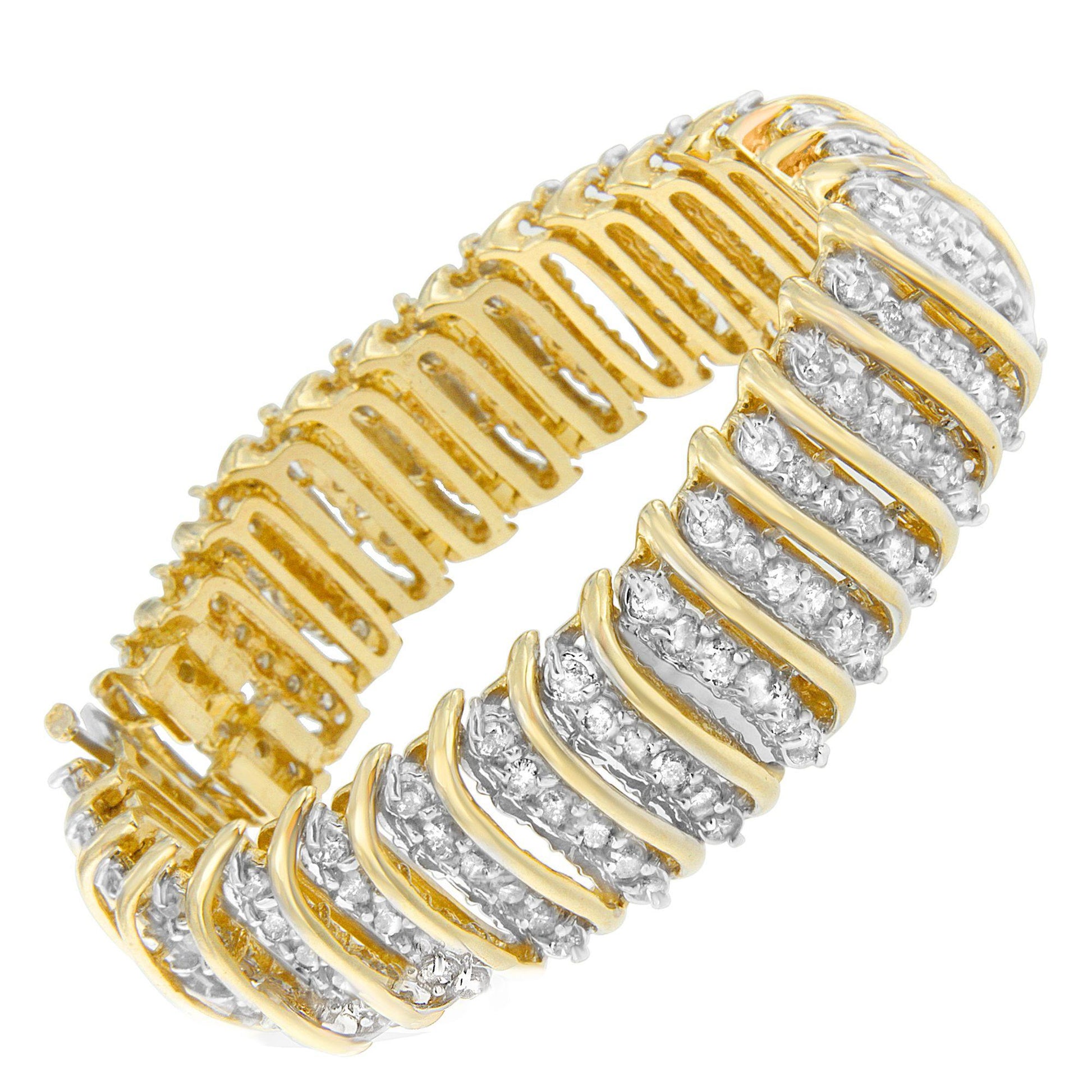 Close-up front angle of a yellow bracelet featuring multiple rows of round white gemstones in prong settings, arranged in a repeating pattern around the band.