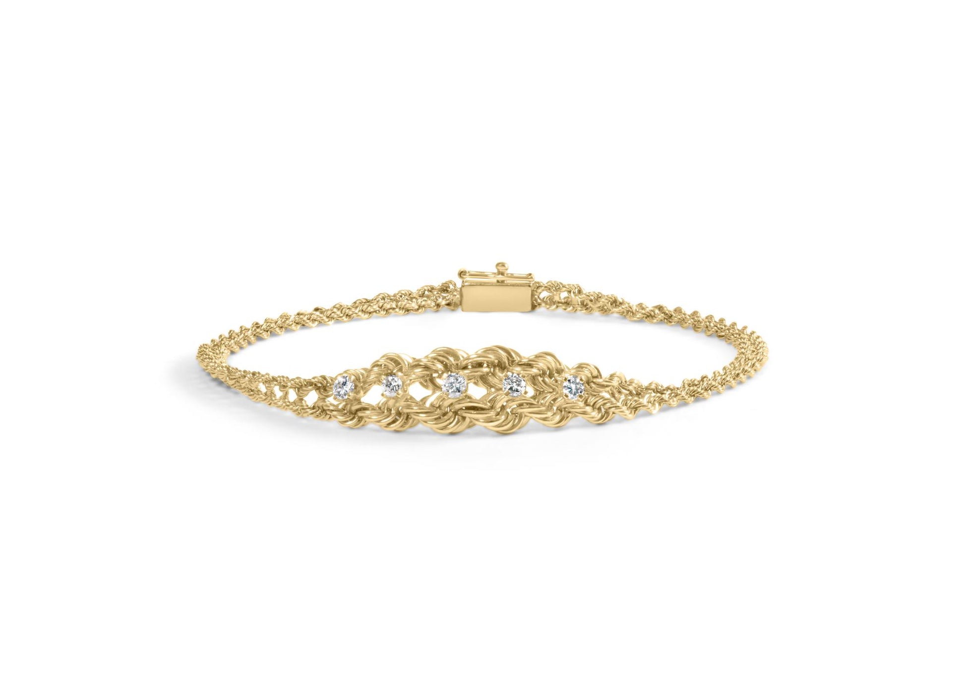 Yellow metal bracelet with a woven pattern and five round white gemstones in prong settings, shown from a front-facing angle on a white background.