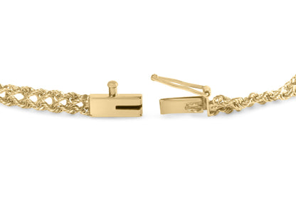 Close-up of an open yellow twisted rope chain bracelet clasp, side angle, no gemstones visible.