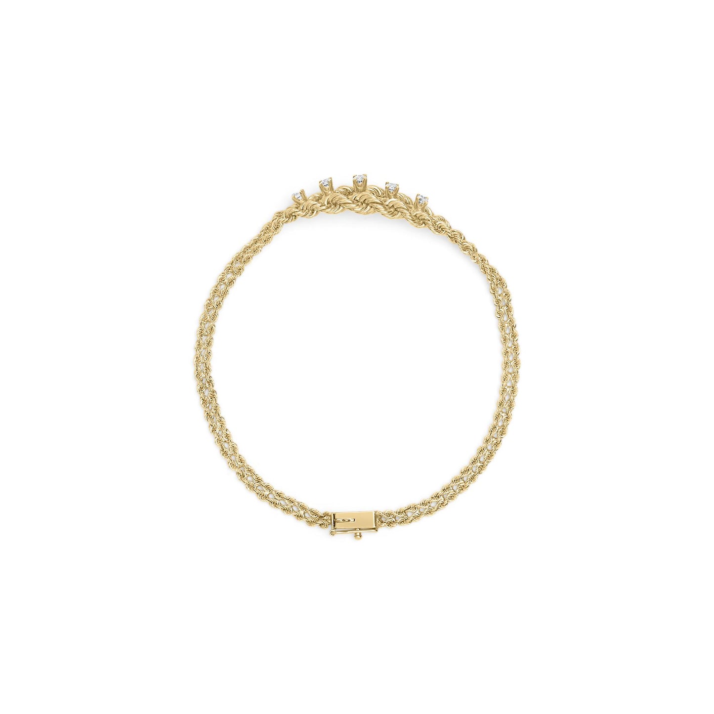 Top-down view of a yellow metal bracelet with a twisted rope design and five round white gemstones in prong settings near the clasp.
