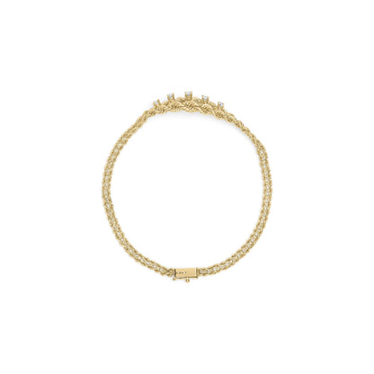 Top-down view of a yellow metal bracelet with a twisted rope design and five round white gemstones in prong settings near the clasp.