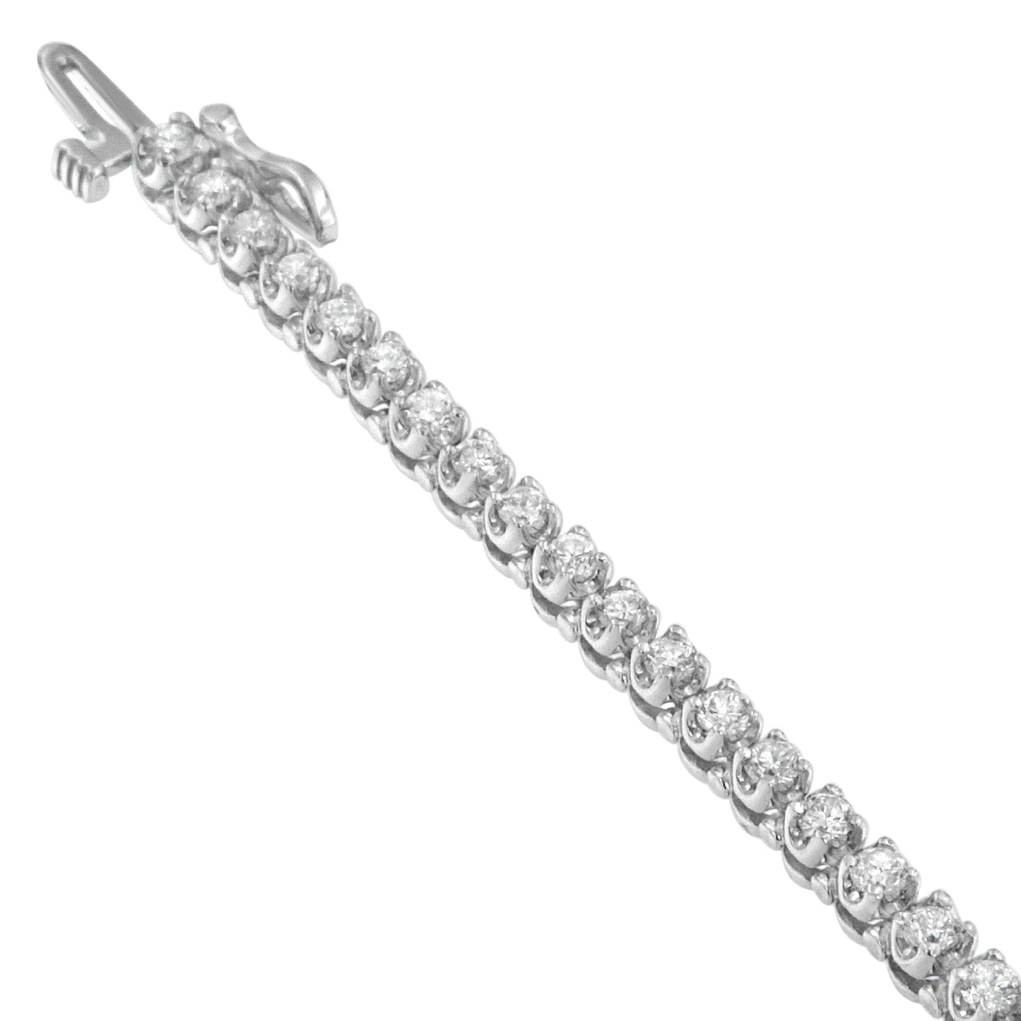 Close-up angled view of a white metal bracelet featuring a row of round white gemstones in prong settings.