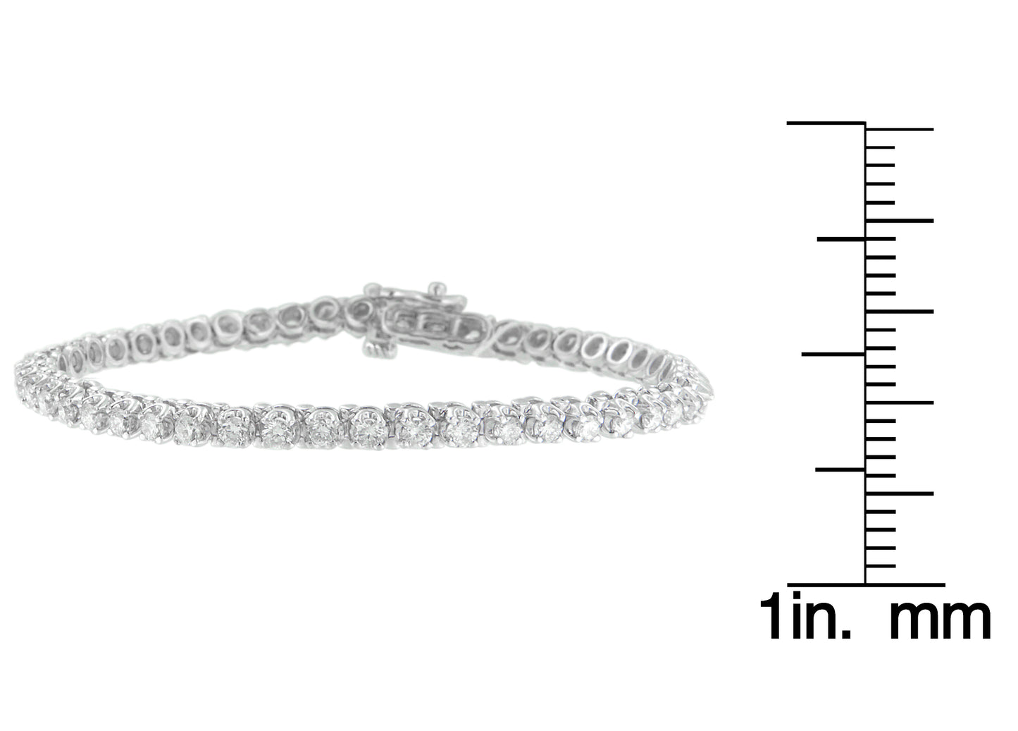 White metal bracelet with round white gemstones in prong settings, displayed flat next to a ruler for size reference, shown from a side angle.