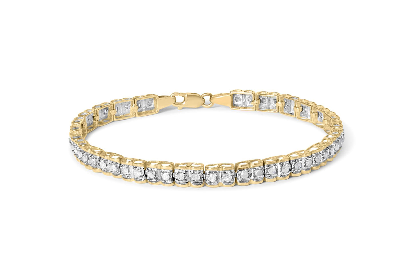 Yellow bracelet with round white gemstones in prong settings, shown from a top angle on a white background.