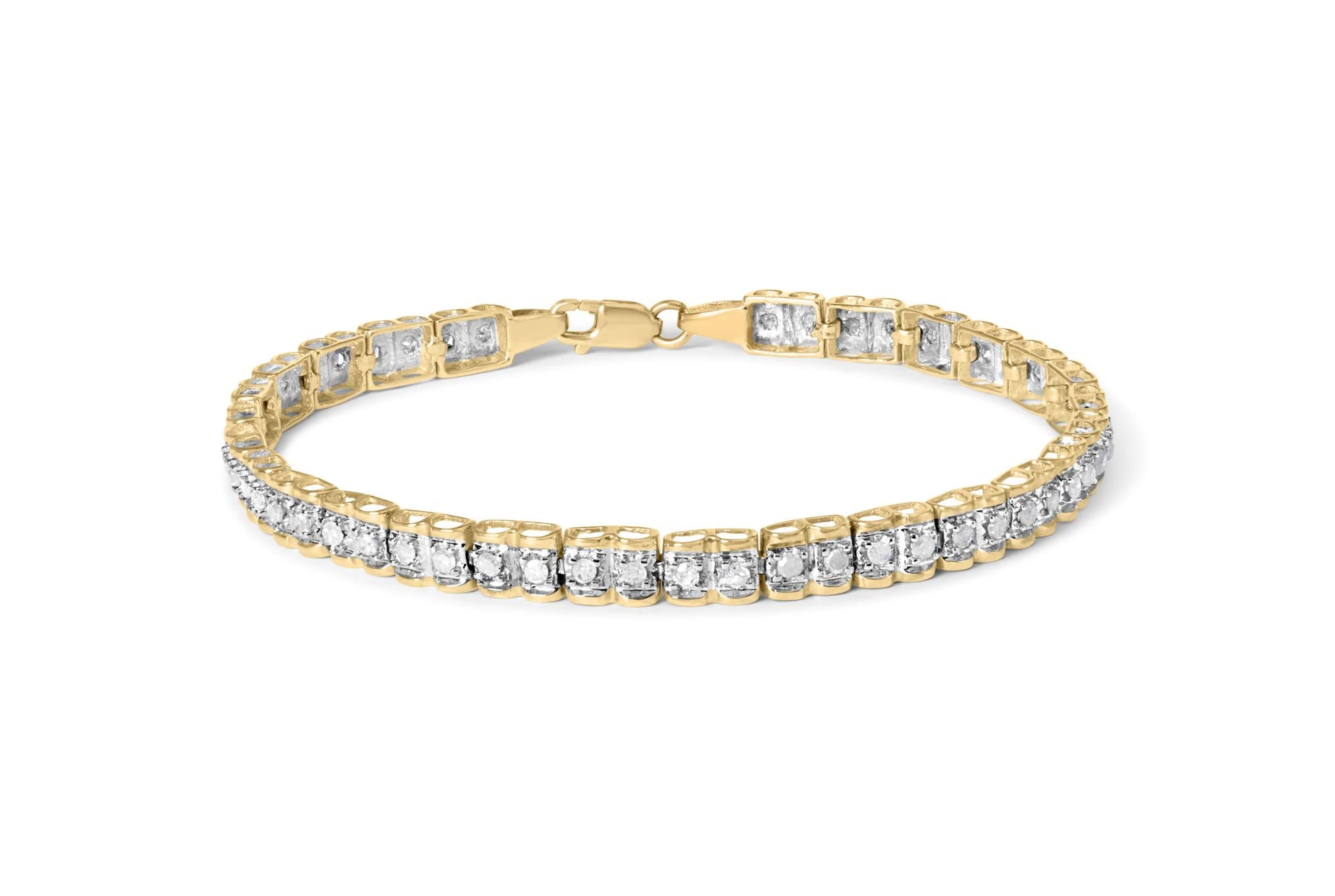 Yellow bracelet with round white gemstones in prong settings, shown from a top angle on a white background.
